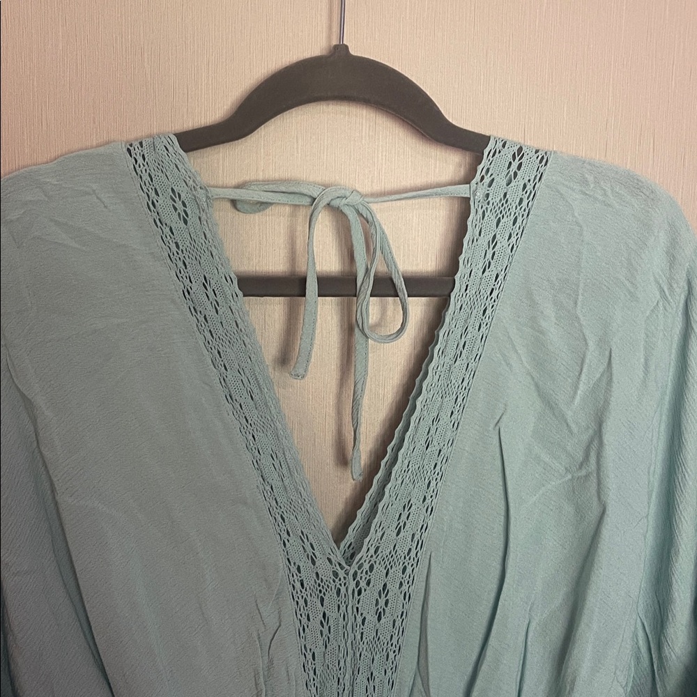 Lovestitch small blue lace crochet smocked dress rayon v neck tie back - Picture 7 of 8